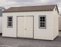 10x16 Peak Storage Shed with Classic Sand Vinyl Siding, Double Door and Two windows with trim