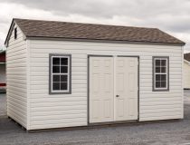 10x16 Peak Storage Shed with Classic Sand Vinyl Siding, Double Door and Two windows with trim