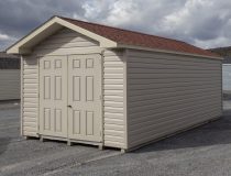 10x20 Peak Style Storage Shed with Clay Vinyl Siding and Red Shingles