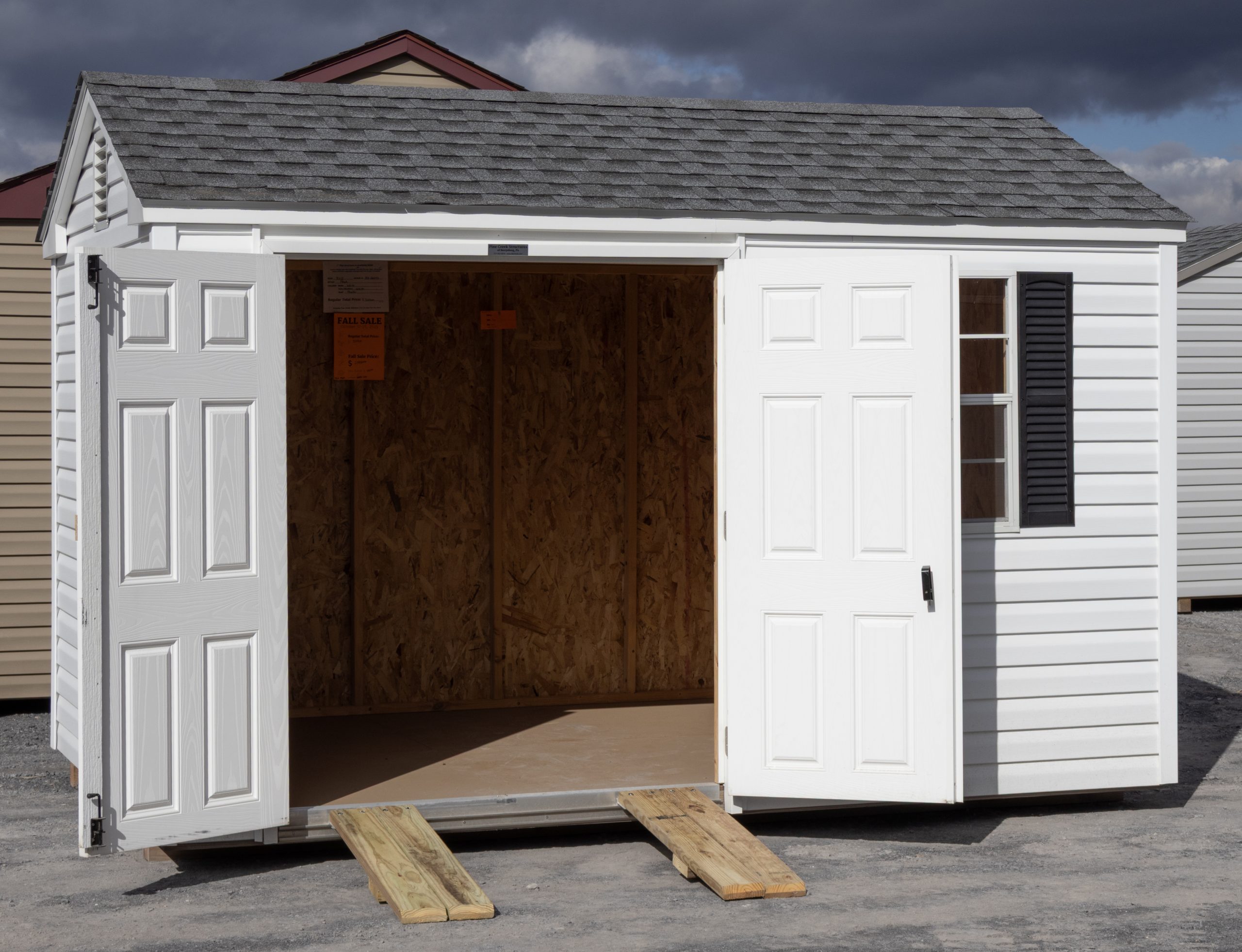 8x12 Vinyl Peak Style Storage Shed with Moveable Ramp System