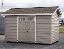 8x12 Custom Peak Style Storage Shed with Vinyl Siding, larger roof overhangs, and gable end vents