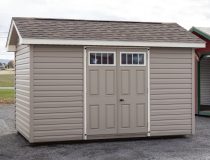 8x12 Custom Peak Style Storage Shed with Vinyl Siding, larger roof overhangs, and gable end vents