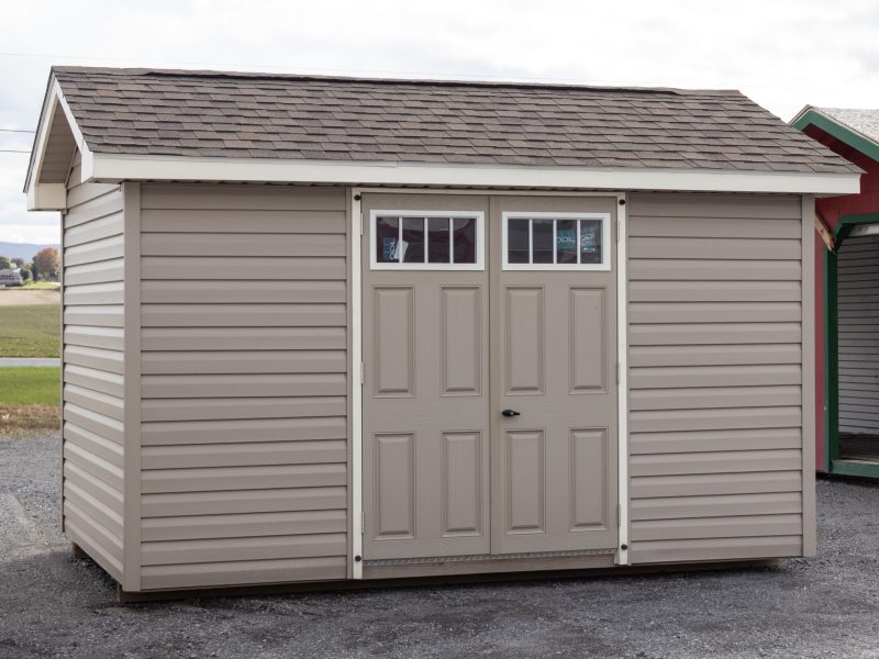 8x12 Custom Peak Style Storage Shed with Vinyl Siding, larger roof overhangs, and gable end vents