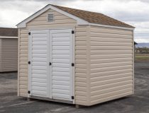 8x8 Vinyl Madison Peak Shed with Summer Wheat siding and Shakewood Shingles