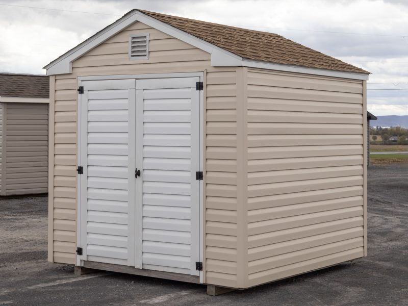 8x8 Vinyl Madison Peak Shed with Summer Wheat siding and Shakewood Shingles