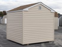 8x8 Vinyl Madison Peak Shed with Summer Wheat siding and Shakewood Shingles - Back View