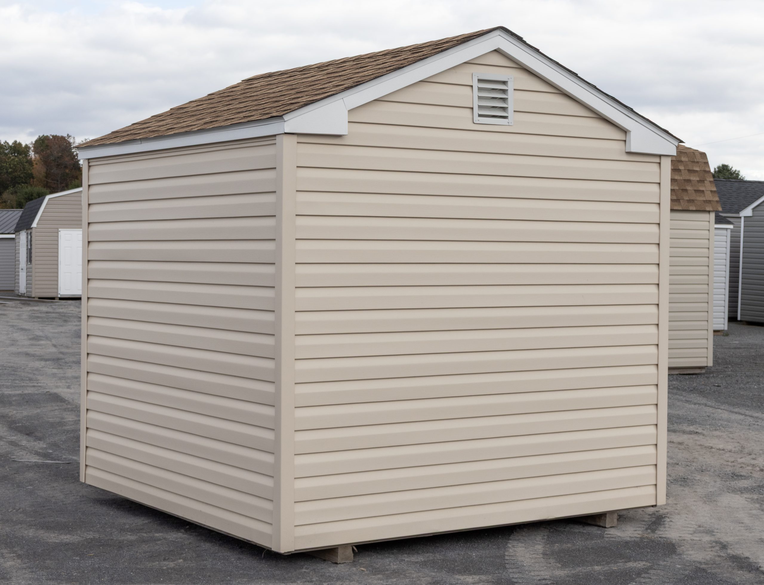 8x8 Vinyl Madison Peak Shed with Summer Wheat siding and Shakewood Shingles - Back View