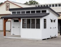 12x16 Custom Studio Style Storage Shed With Hemlock Porch and Workbench inside