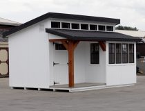 12x16 Custom Studio Style Storage Shed With Hemlock Porch and Workbench inside