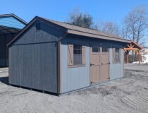 12x20 Cottage Dark Grey Siding with Bronze Trim and Rustic Slate Shingles