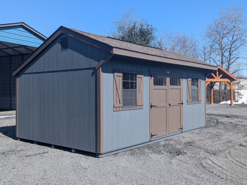 12x20 Cottage Dark Grey Siding with Bronze Trim and Rustic Slate Shingles