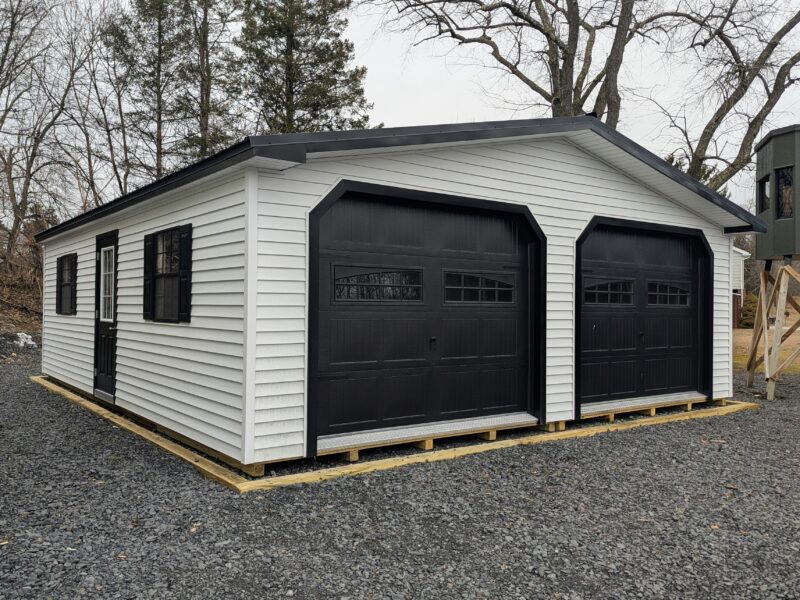 24x28 2-Car Modular Garage with White Siding Black Trim and Black Textured Metal Roof 1
