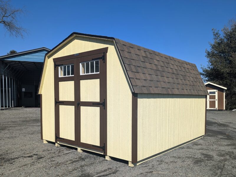 10x12 Mini Barn with Cream Siding, Dark Brown Trim, and Rustic Slate Shingles