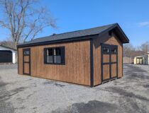12x24 Peak Front in Coffee Siding with Black Trim and Rustic Black Shingles