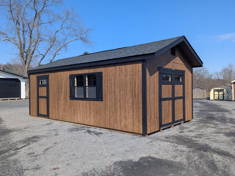 12x24 Peak Front in Coffee Siding with Black Trim and Rustic Black Shingles