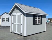 8x12 Cape Cod Shed Light Gray LP SmartSide Siding White Trim Old English Pewter Shingles