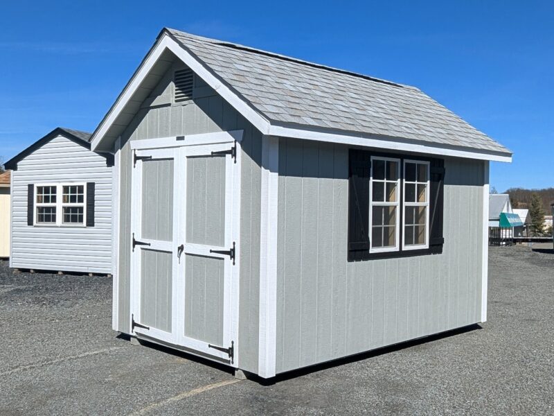 8x12 Cape Cod Shed Light Gray LP SmartSide Siding White Trim Old English Pewter Shingles