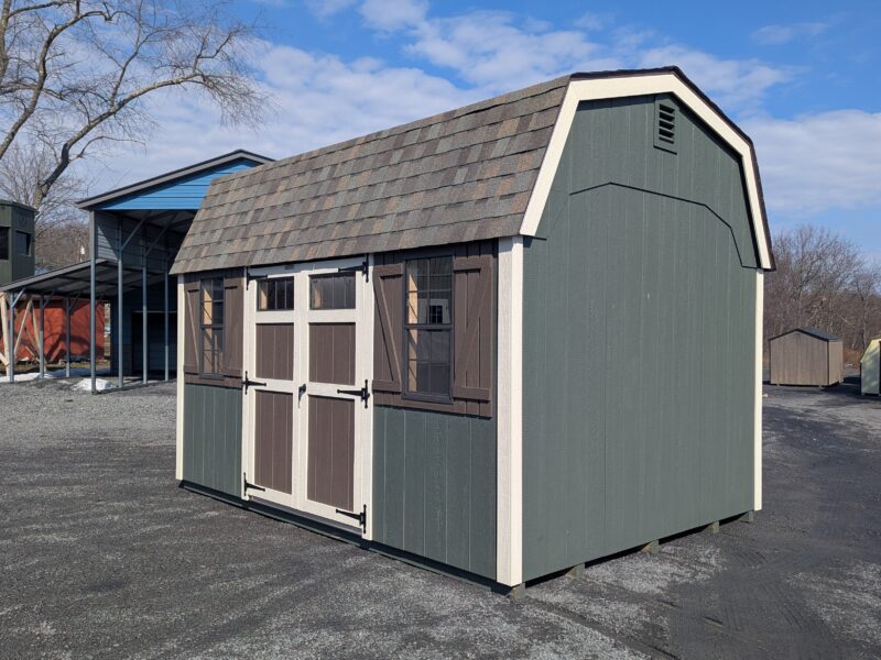 10x14 Dutch in Avocado Siding With Bronze Trim and Natural Timber Shingles