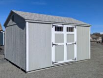 10x14 Madison Peak Shed in Light Gray Siding White Trim and Old English Pewter Shingles