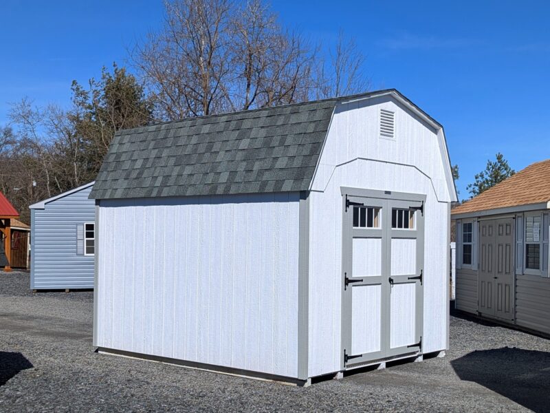 10x12 Dutch Shed in White LP SmartSide Siding with Light Grey Trim Black Shutters and Shadow Gray Shingles