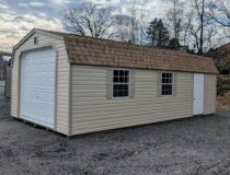 14x28 Dutch Garage Warm Sandalwood Vinyl Siding Pebble Clay Trim Rustic Cedar Shingles