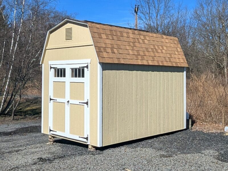 8x12 Dutch Shed Beige LP SmartSide Siding White Trim and Rustic Cedar Shingles