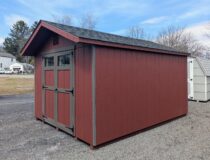 10x14 Peak Front Shed Red LP SmartSide Siding Bronze Trim and Shutters Rustic Black Shingles