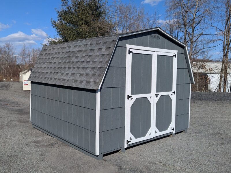 10x10 Cut Lap Mini Barn Dark Grey Siding White Trim Fox Hollow Grey Shingles