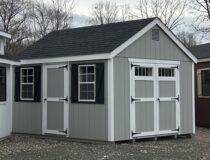 12x14 New England Style Peak Shed with light grey LP siding and white trim in Berlin CT.