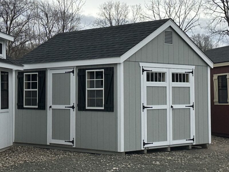 12x14 New England Style Peak Shed with light grey LP siding and white trim in Berlin CT.