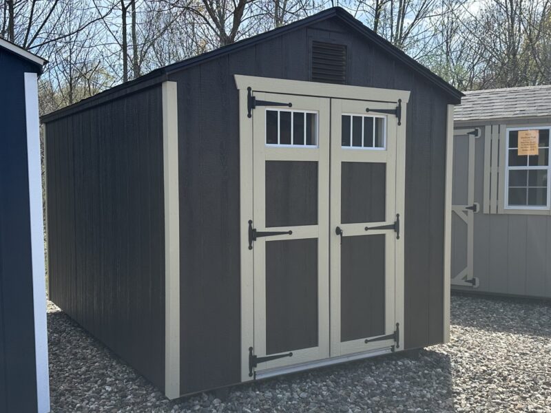 8x12 Madison Peak Shed with Ebony Polyurethane stain and Beige trim.