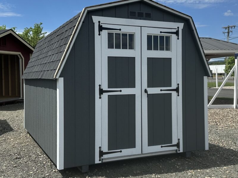 x12 Madison Mini Barn storage shed in Dark Grey with White trim at Pine Creek Structures.