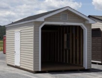 10x16 Warm Sandalwood Vinyl Peak Garage Front with Open Garage Door