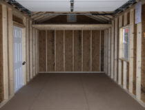 10x16 Warm Sandalwood Vinyl Peak Garage Interior