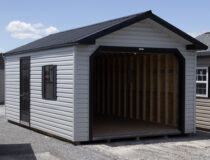 12x20 Peak Harbor Stone Vinyl Garage with open garage door