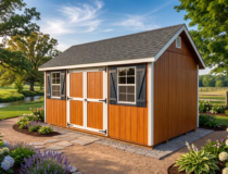 10x16 Cape Cod storage shed with Pecan Polyurethane LP siding, white trim, and blue shutters
