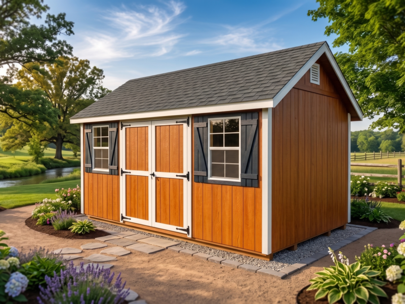 10x16 Cape Cod storage shed with Pecan Polyurethane LP siding, white trim, and blue shutters