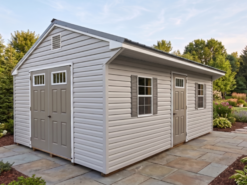Exterior of a 12x20 Cottage Series shed with Harbor Stone vinyl siding, charcoal saltbox roof, and grey shutters.
