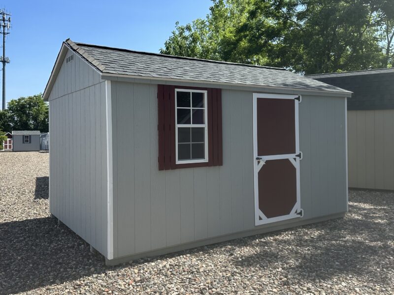 10x14 Madison Peak storage shed in light grey with red shutters and door at Pine Creek Structures in Berlin CT