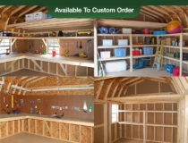Dutch Gambrel Barn Style Storage Sheds Photo Collage - Interior Shelving, Loft, and Workbench options
