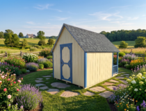 A small yellow and blue wooden children's playhouse with a porch, window boxes, and a shadow grey shingle roof, situated on a stone path in a garden.