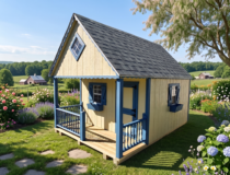 A small yellow and blue wooden children's playhouse with a porch, window boxes, and a shadow grey shingle roof, situated on a stone path in a lush green backyard garden with rolling hills in the background.