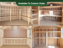 Peak Style Storage Sheds Photo Collage - Interior Shelving, Loft, and Workbench options