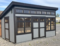 10x16 Studio Style Storage Shed wit Lean To Roofline, Grey LP Smart Side, and Many Windows