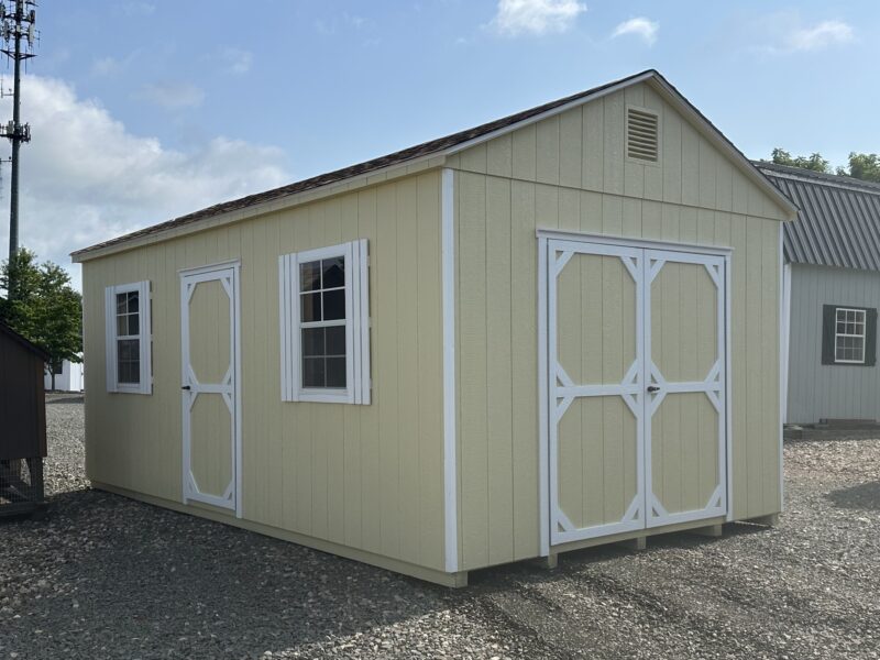 12x20 HD Peak Shed with Cream LP Smart Siding double doors and ramp