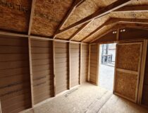 Empty interior of a wooden storage shed showing exposed wall studs, plywood floor, and the back of the double doors.