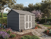 A gray wood-sided storage shed with a fox hollow grey shingled peak roof, white trim, and double barn-style doors, sitting on a gravel lot.