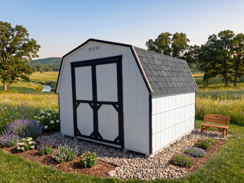 A white wood-sided storage shed with a black shingled gambrel roof, black trim, and double barn-style doors, sitting on a gravel lot next to other outdoor structures.