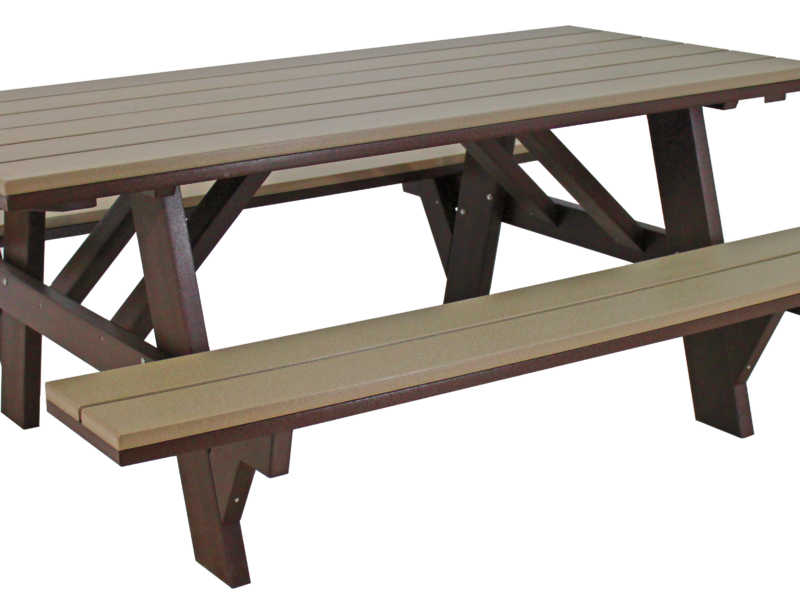brown picnic table with attached benches