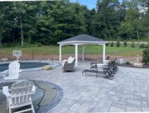 12x14 Hip Pavilion with white vinyl trim and charcoal shingles